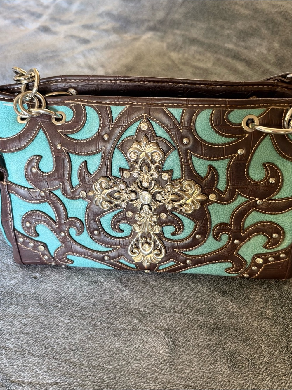 American West Turquoise Crystal Cross Western Shoulder Bag